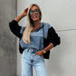 Denimjakke med hettegenser og løpesnor for dame