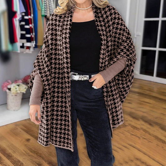 Houndstooth-poncho til dame med åpen front